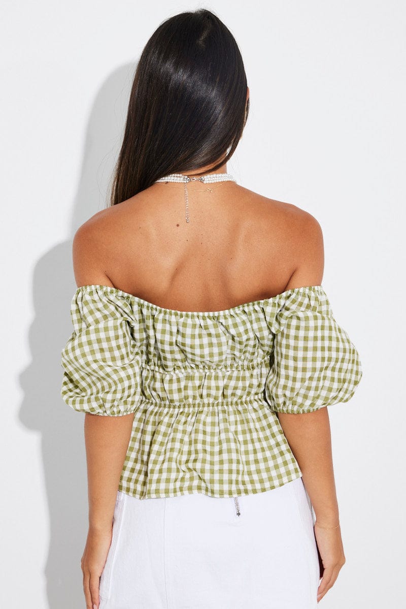 Green Check Ruched Peplum Top Short Sleeve for Ally Fashion