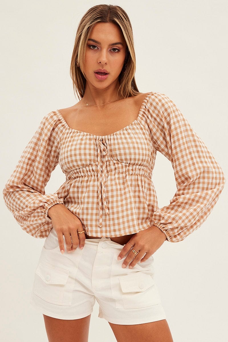 Check Long Sleeve Check Ruched Peplum Top for Ally Fashion