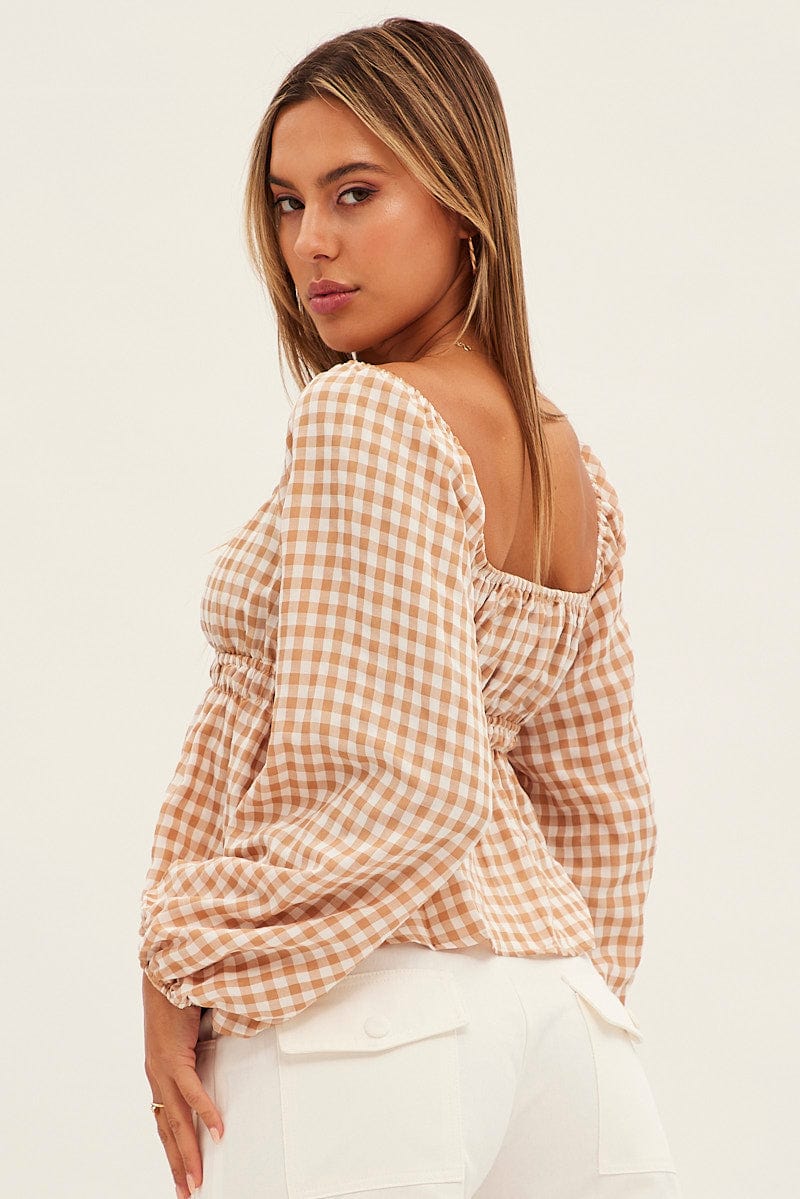 Check Long Sleeve Check Ruched Peplum Top for Ally Fashion
