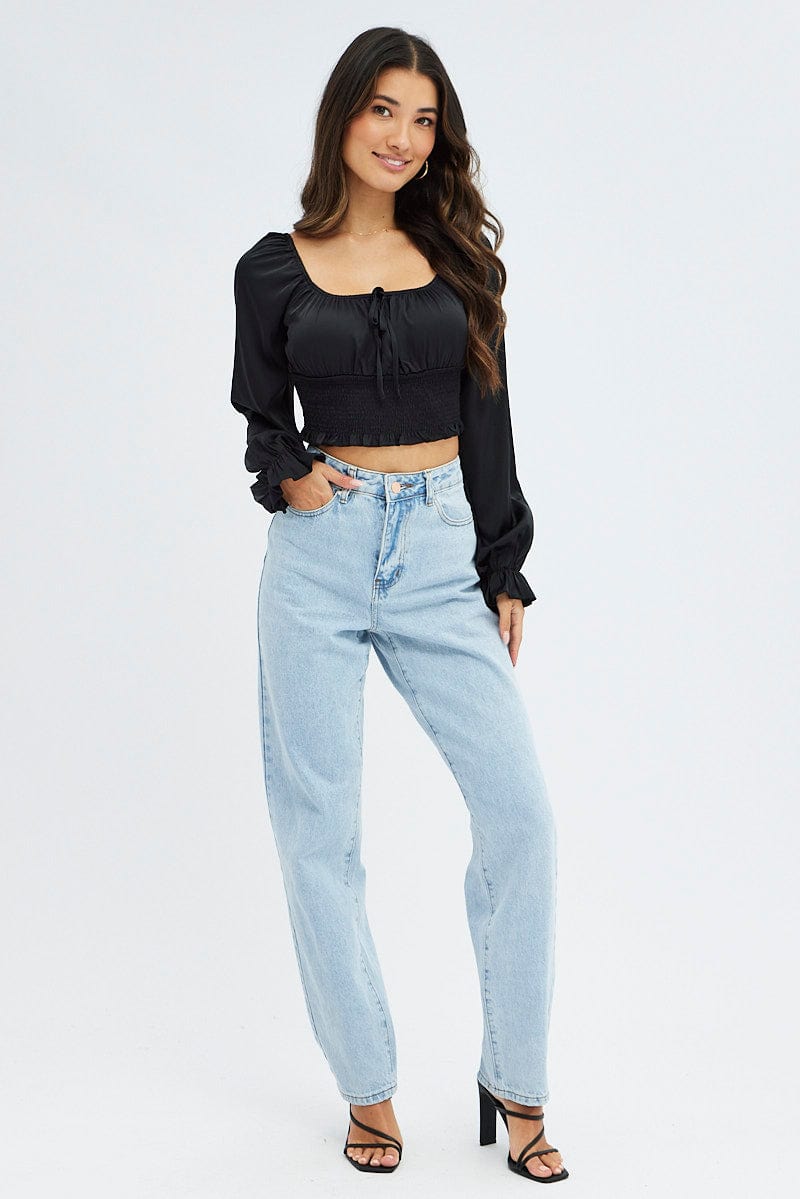 Black Crop Top Long Sleeve Scoop Neck Shirred Satin for Ally Fashion