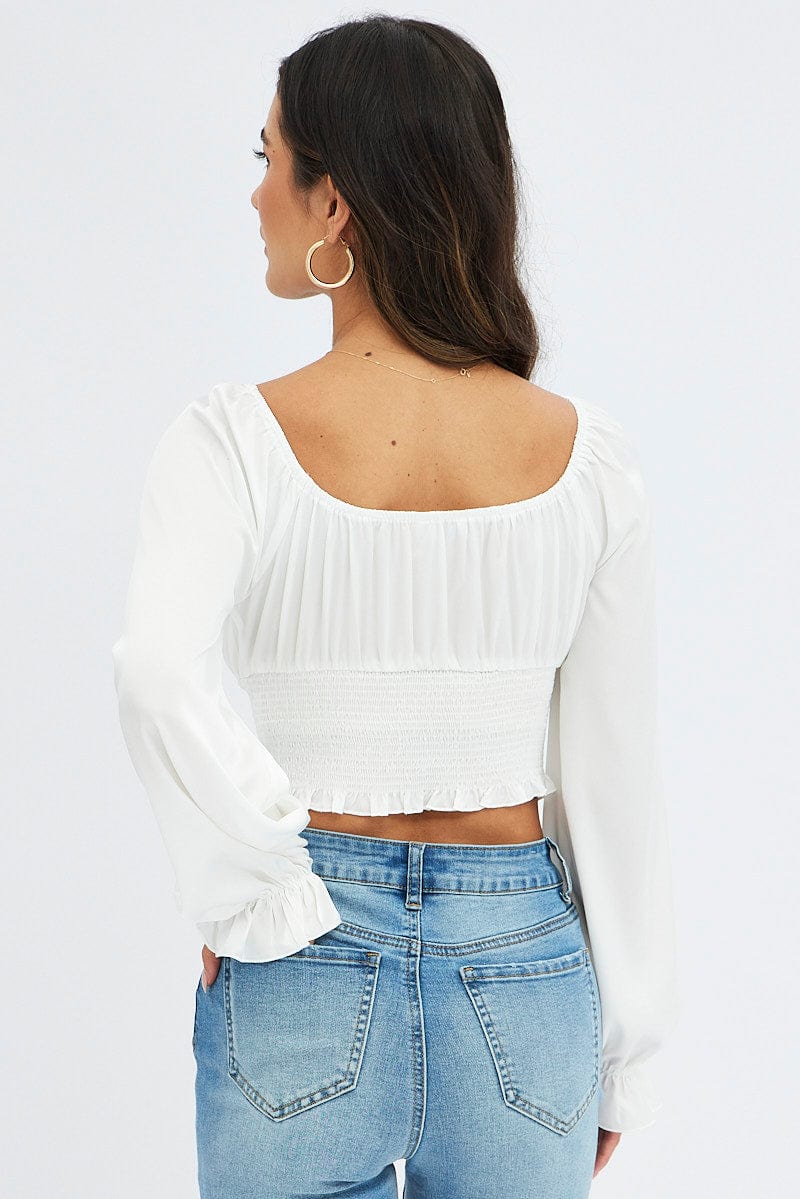 White Crop Top Long Sleeve Scoop Neck Shirred Satin for Ally Fashion