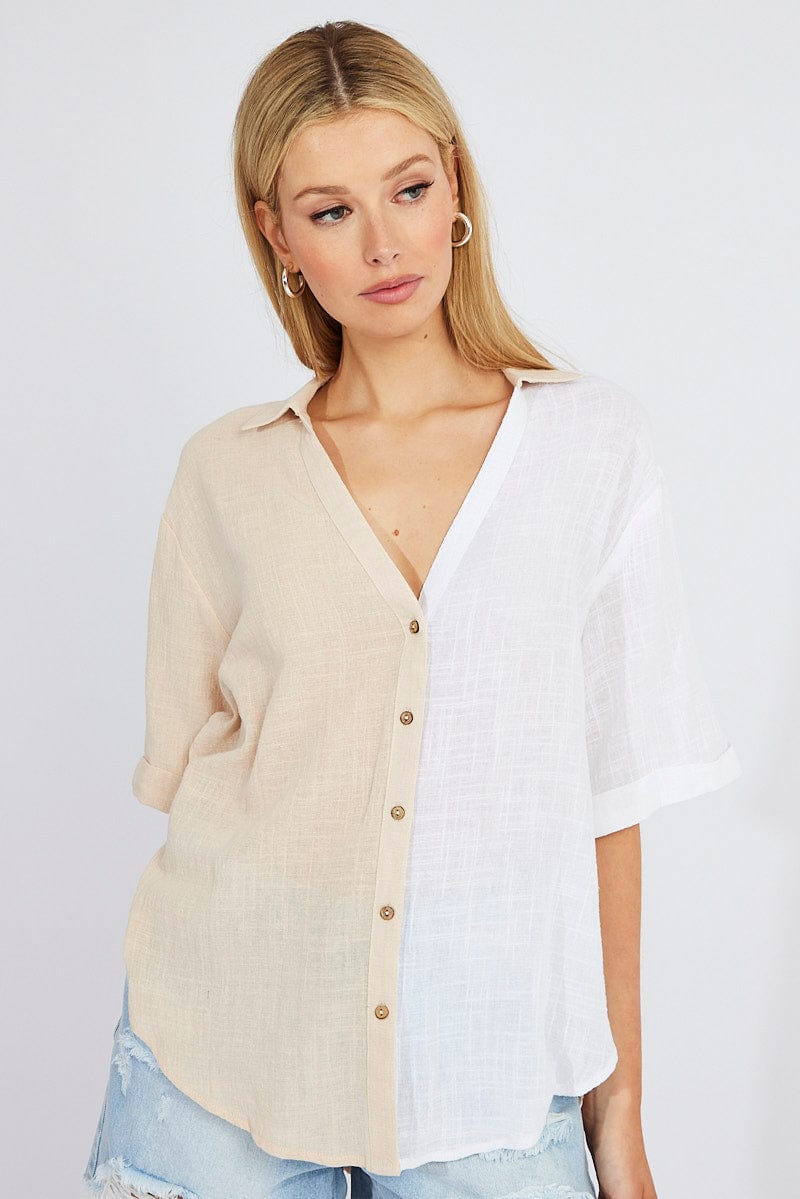 Beige Cotton Half Sleeve Relaxed Colour Block Shirt | Ally Fashion