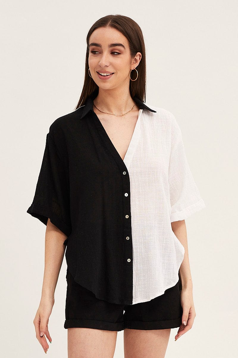 Black Mono Cotton Half Sleeve Relaxed Shirt for Ally Fashion