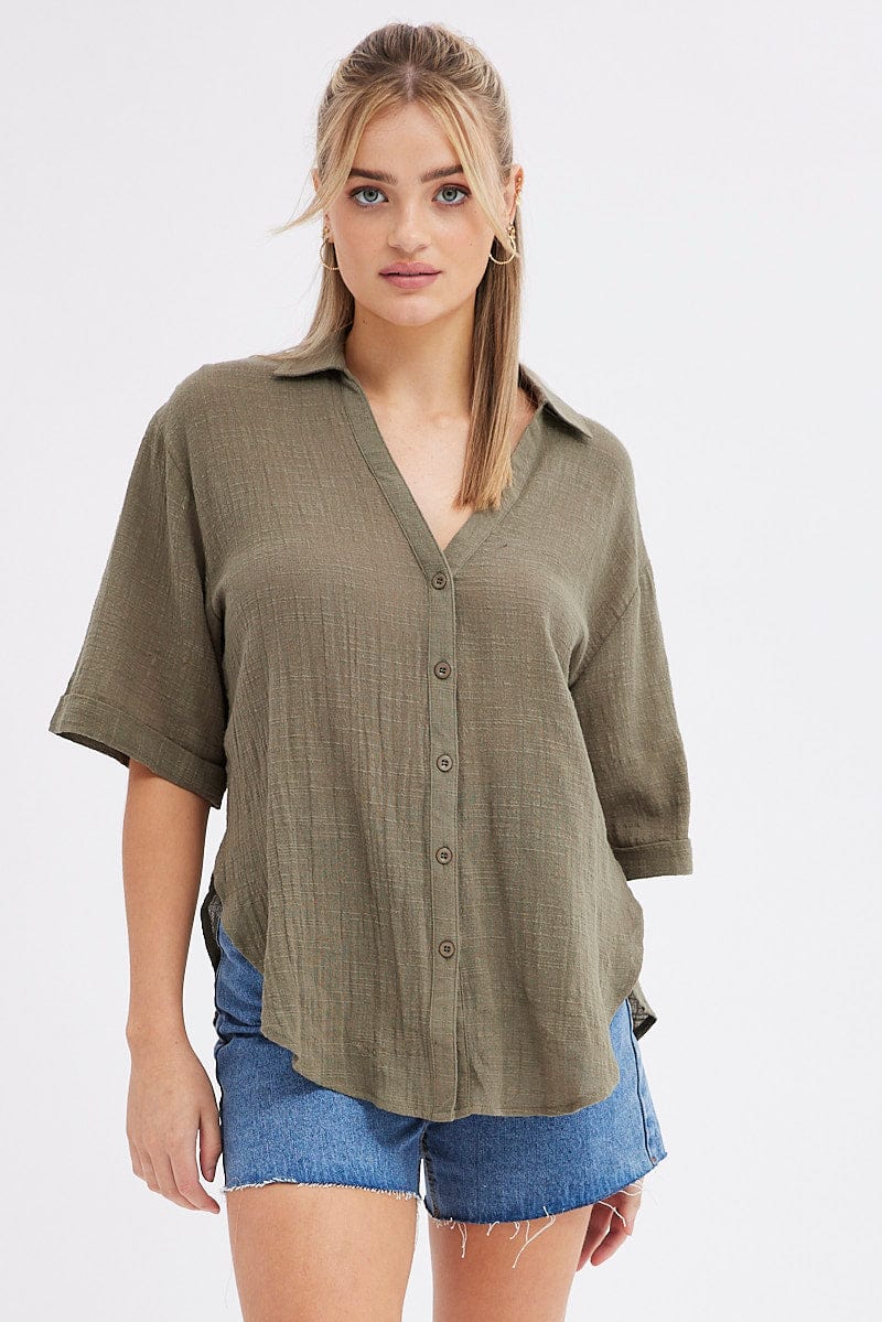 Green Textured Cotton Short Sleeve Collared Shirt for Ally Fashion