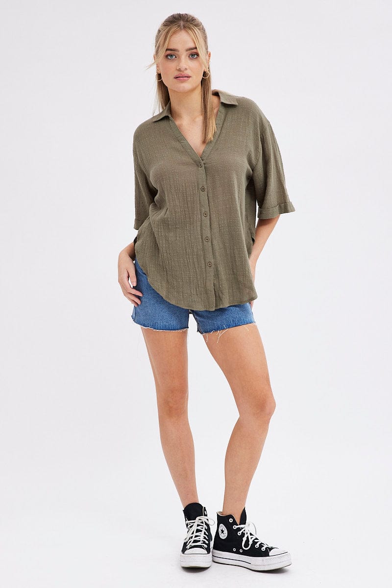 Green Textured Cotton Short Sleeve Collared Shirt for Ally Fashion