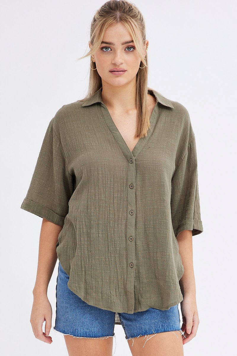 Green Textured Cotton Short Sleeve Collared Shirt for Ally Fashion