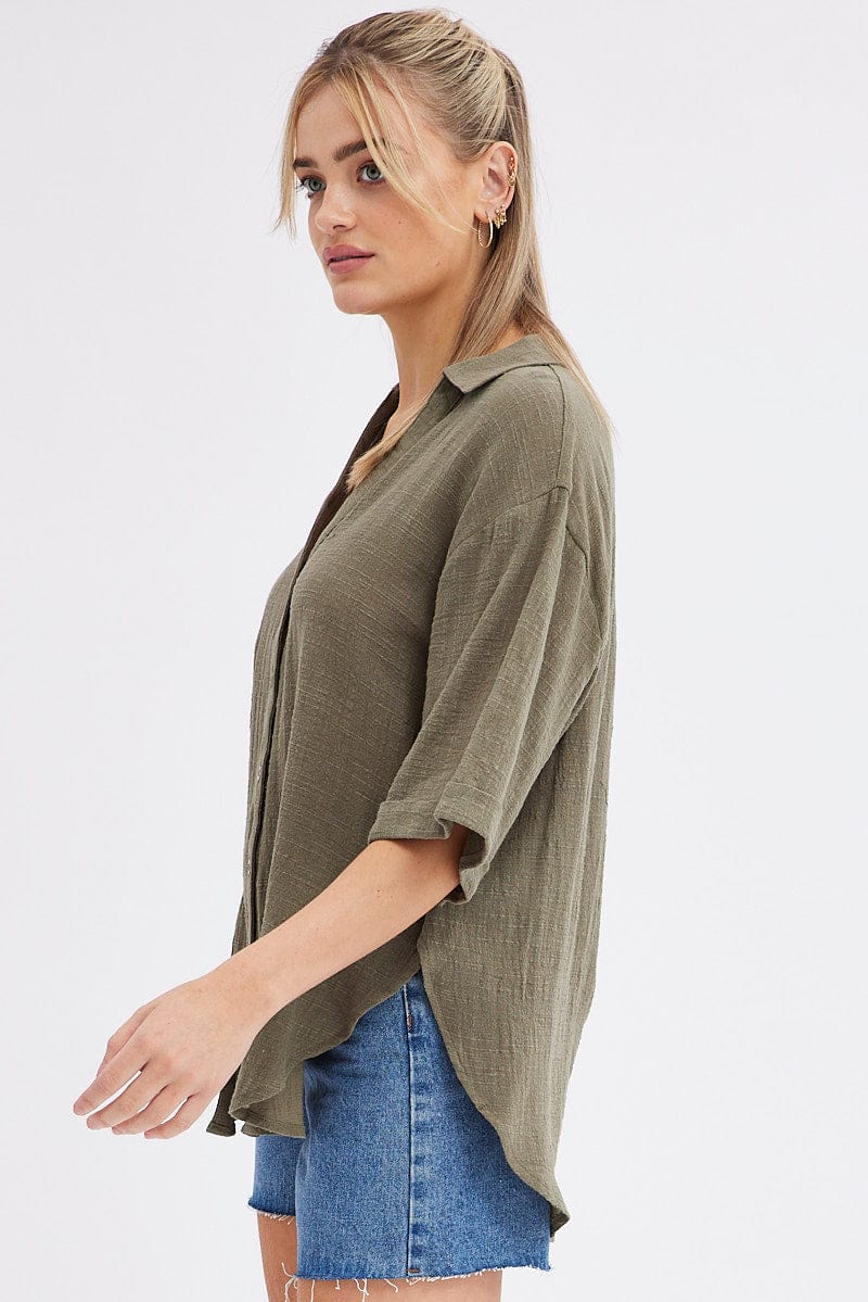 Green Textured Cotton Short Sleeve Collared Shirt for Ally Fashion