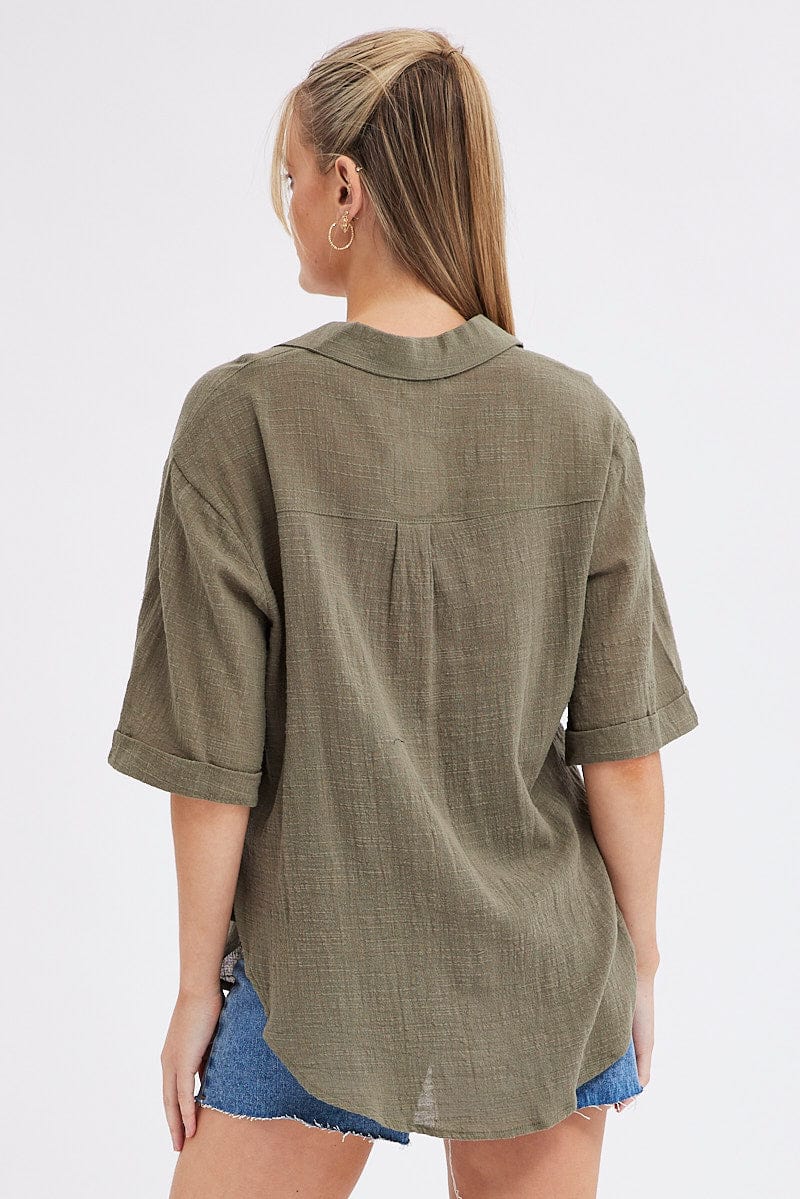 Green Textured Cotton Short Sleeve Collared Shirt for Ally Fashion