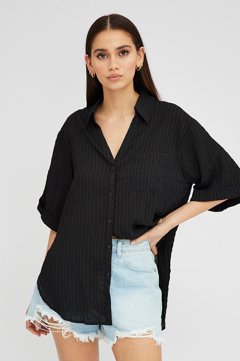 Black Shirt Short Sleeve Collared Neck for Ally Fashion