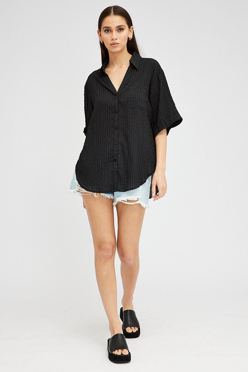 Black Shirt Short Sleeve Collared Neck for Ally Fashion