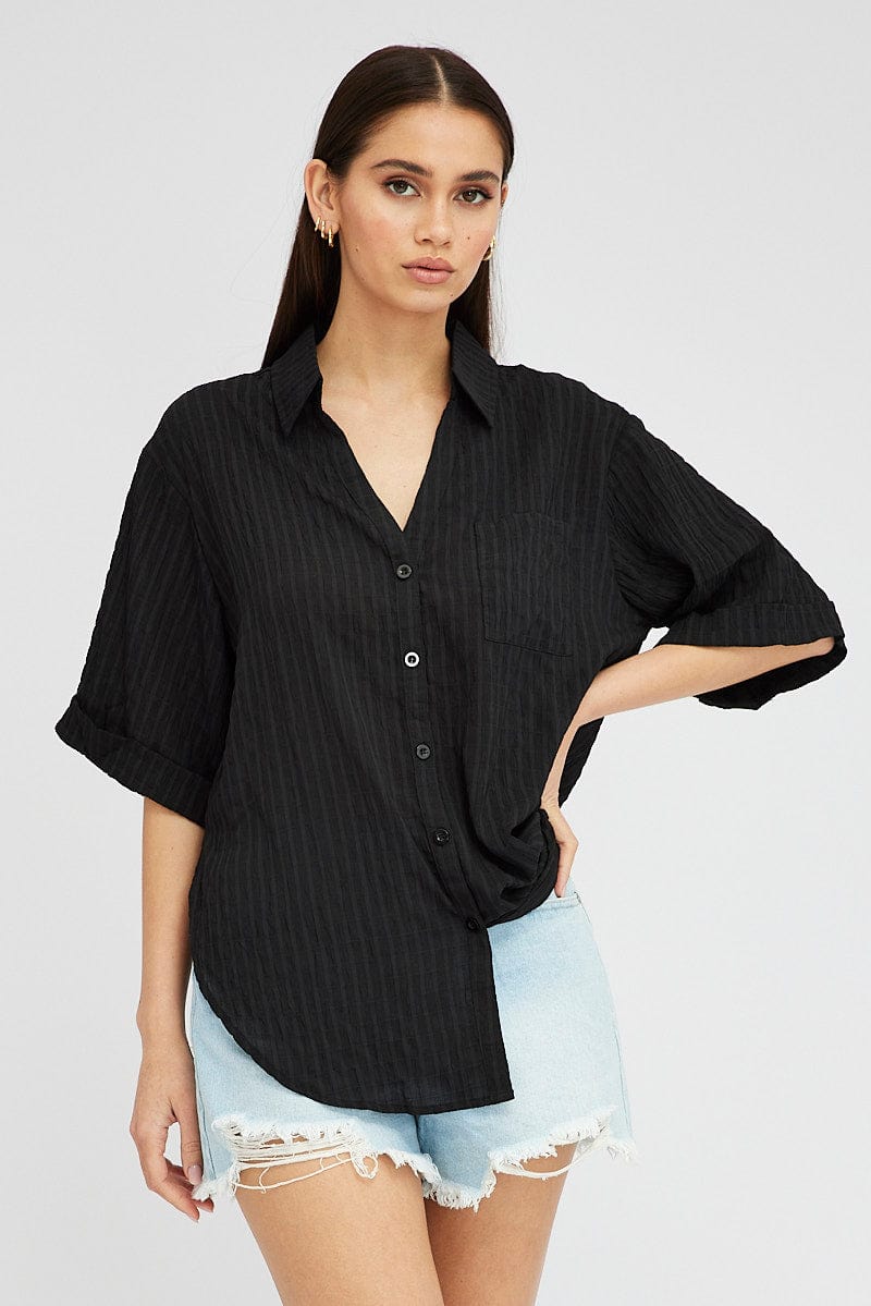 Black Shirt Short Sleeve Collared Neck for Ally Fashion