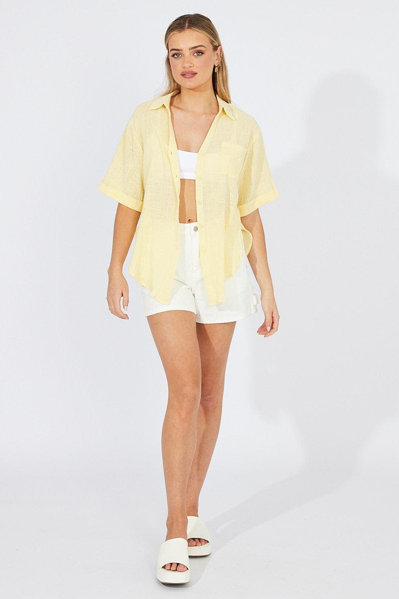 Yellow Shirt Short Sleeve Collared Neck for Ally Fashion