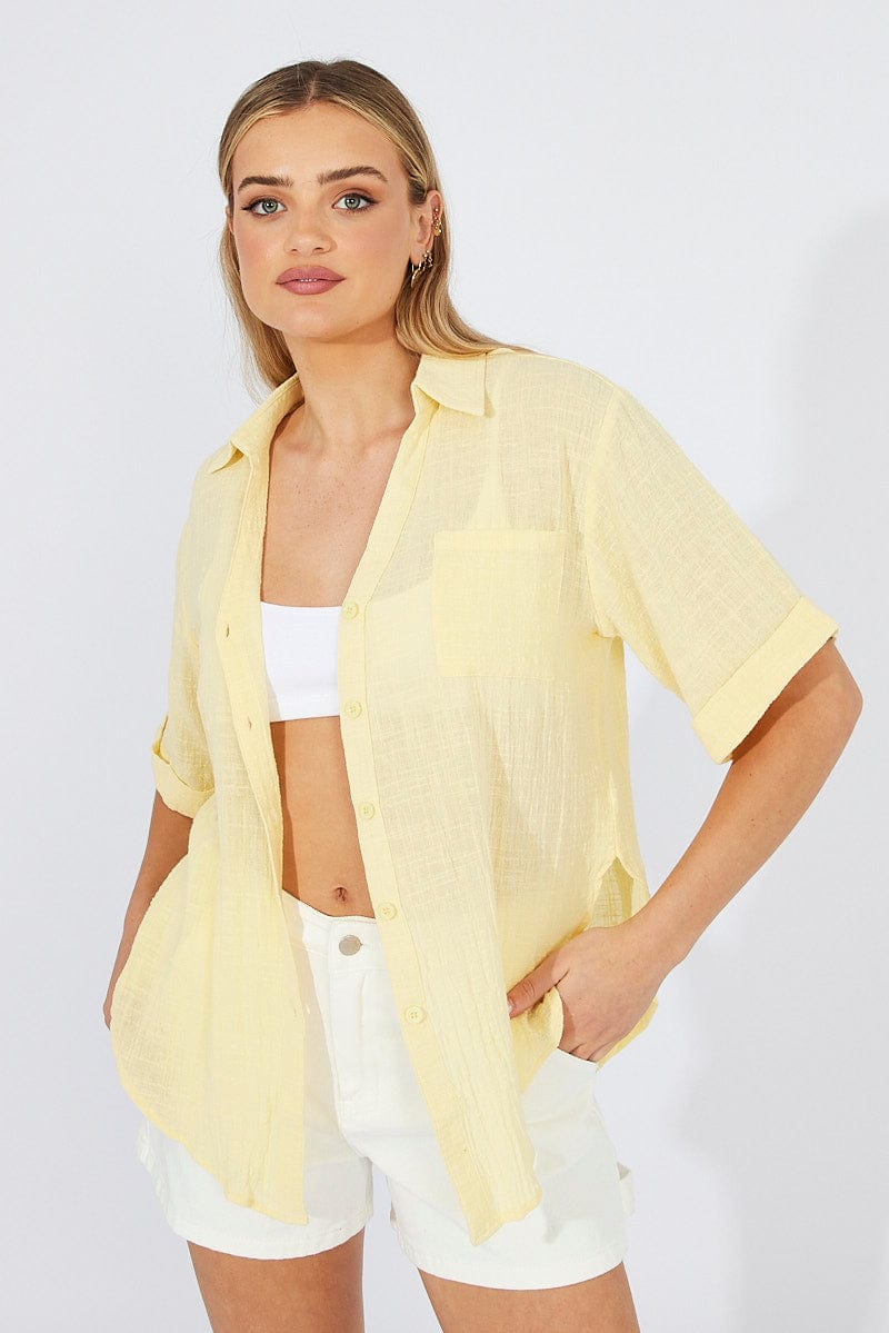 Yellow Shirt Short Sleeve Collared Neck for Ally Fashion