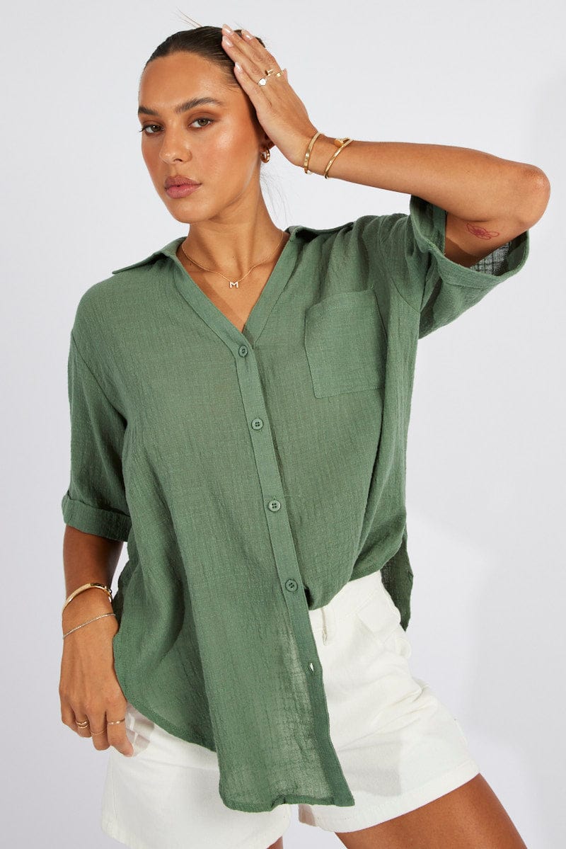 Green Shirt Short Sleeve Collared Neck for Ally Fashion