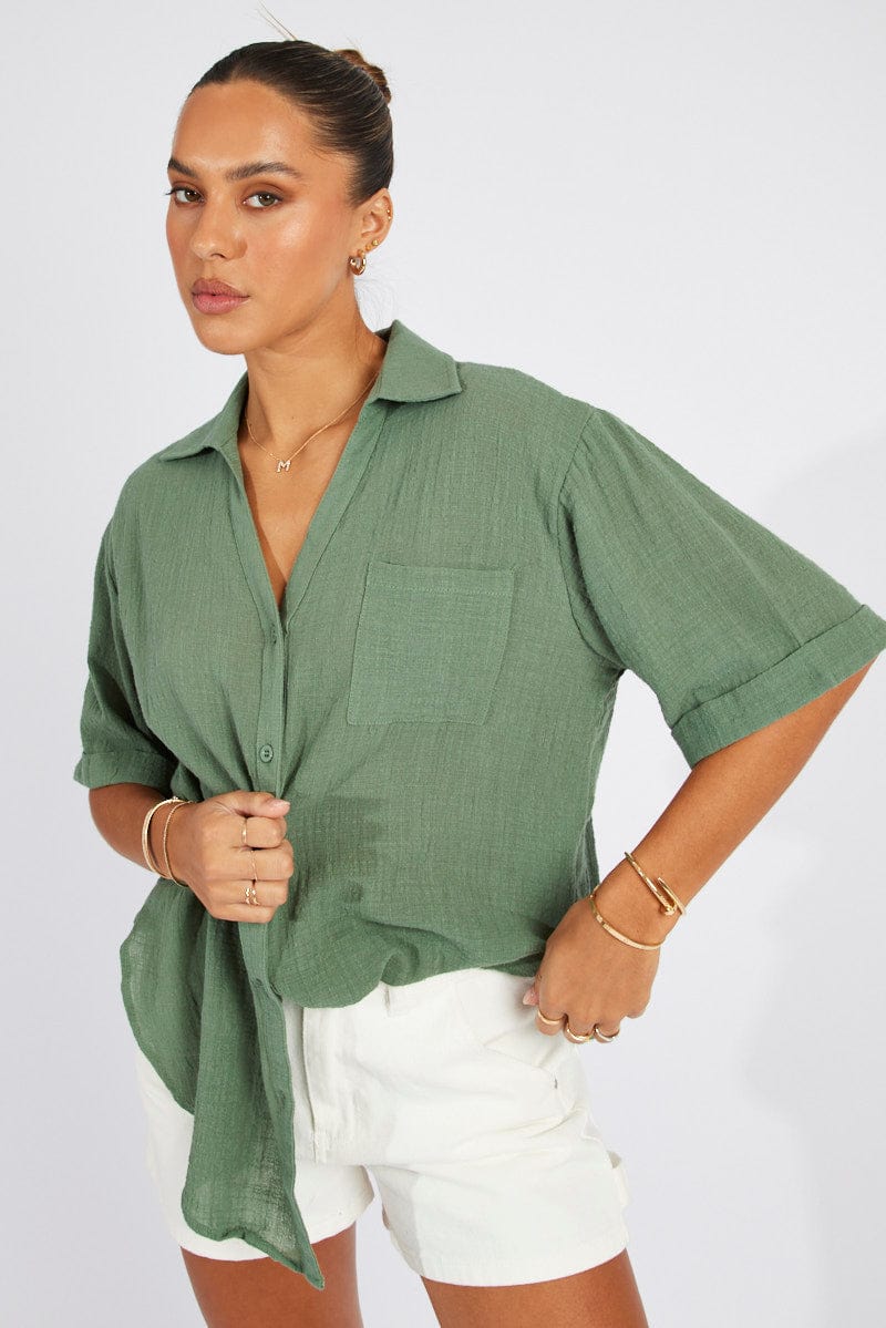 Green Shirt Short Sleeve Collared Neck for Ally Fashion