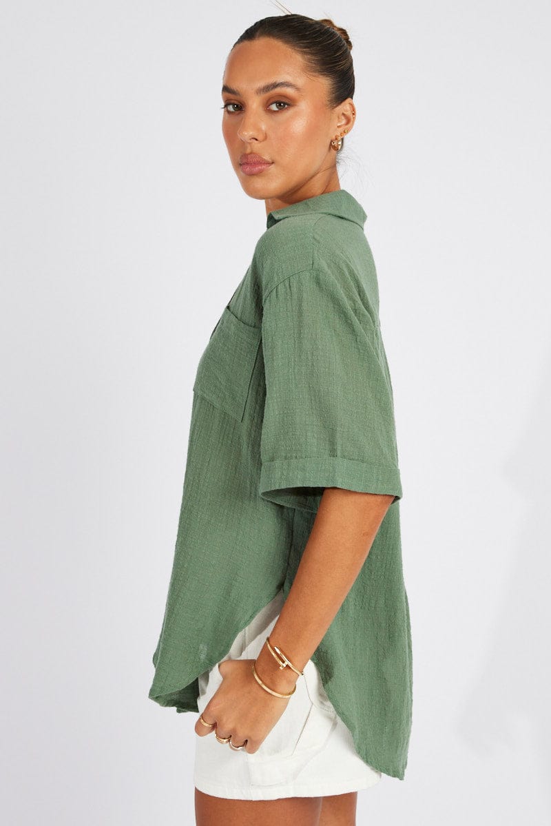 Green Shirt Short Sleeve Collared Neck for Ally Fashion