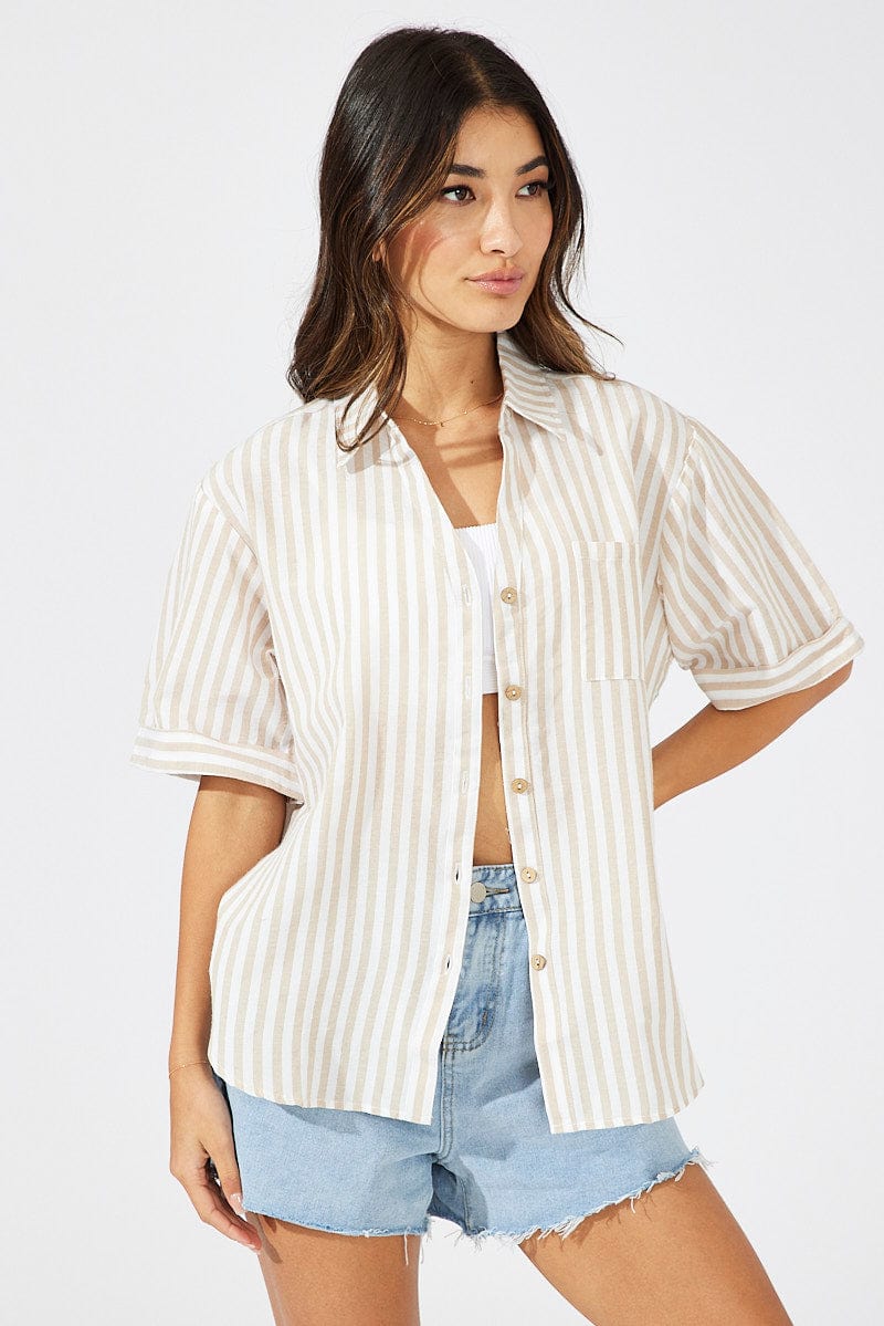 Beige Stripe Shirt Short Sleeve Collared Neck for Ally Fashion