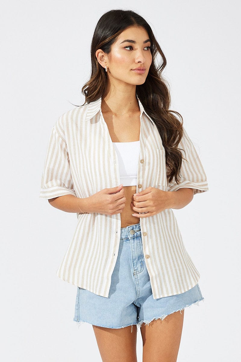 Beige Stripe Shirt Short Sleeve Collared Neck for Ally Fashion