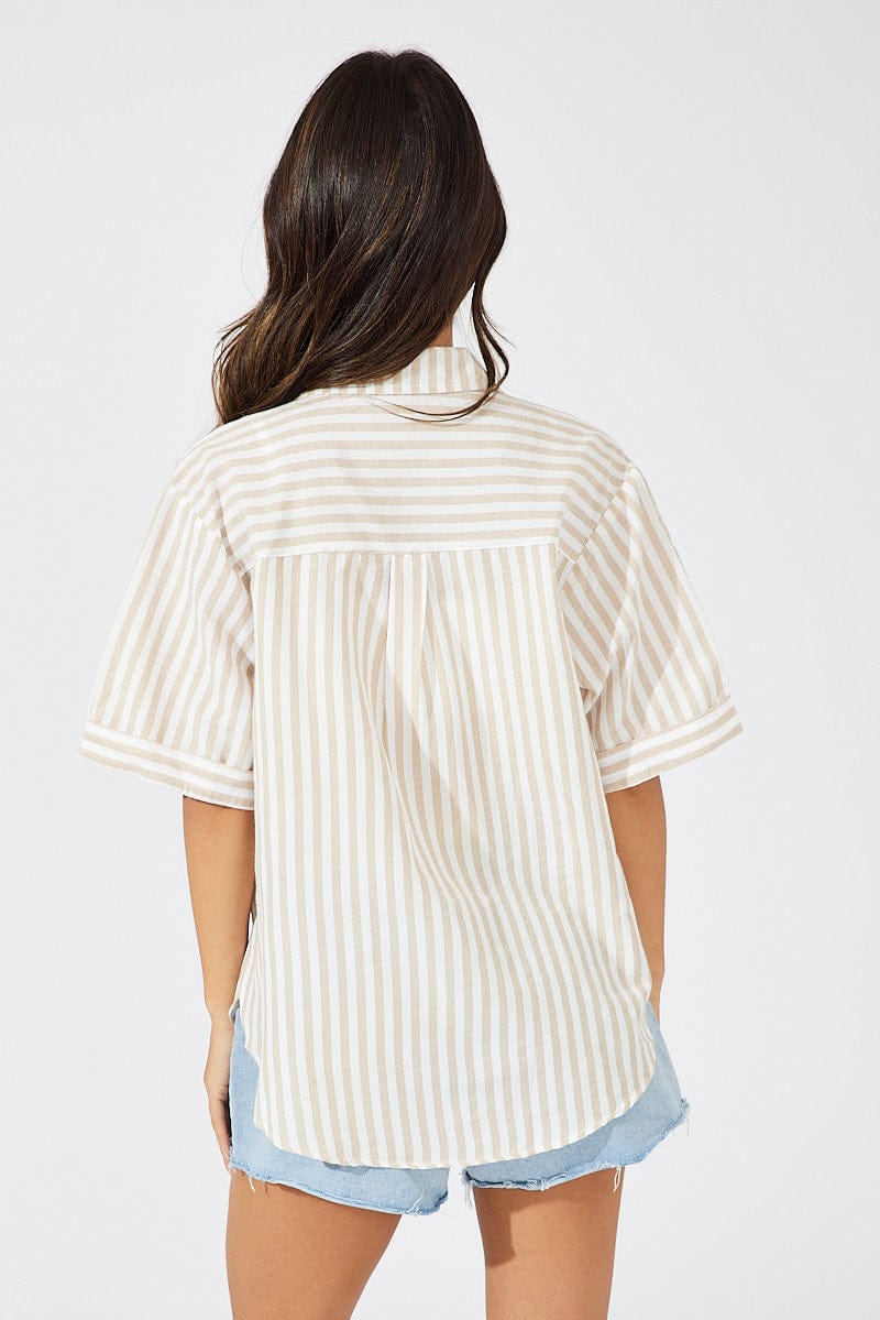 Beige Stripe Shirt Short Sleeve Collared Neck for Ally Fashion