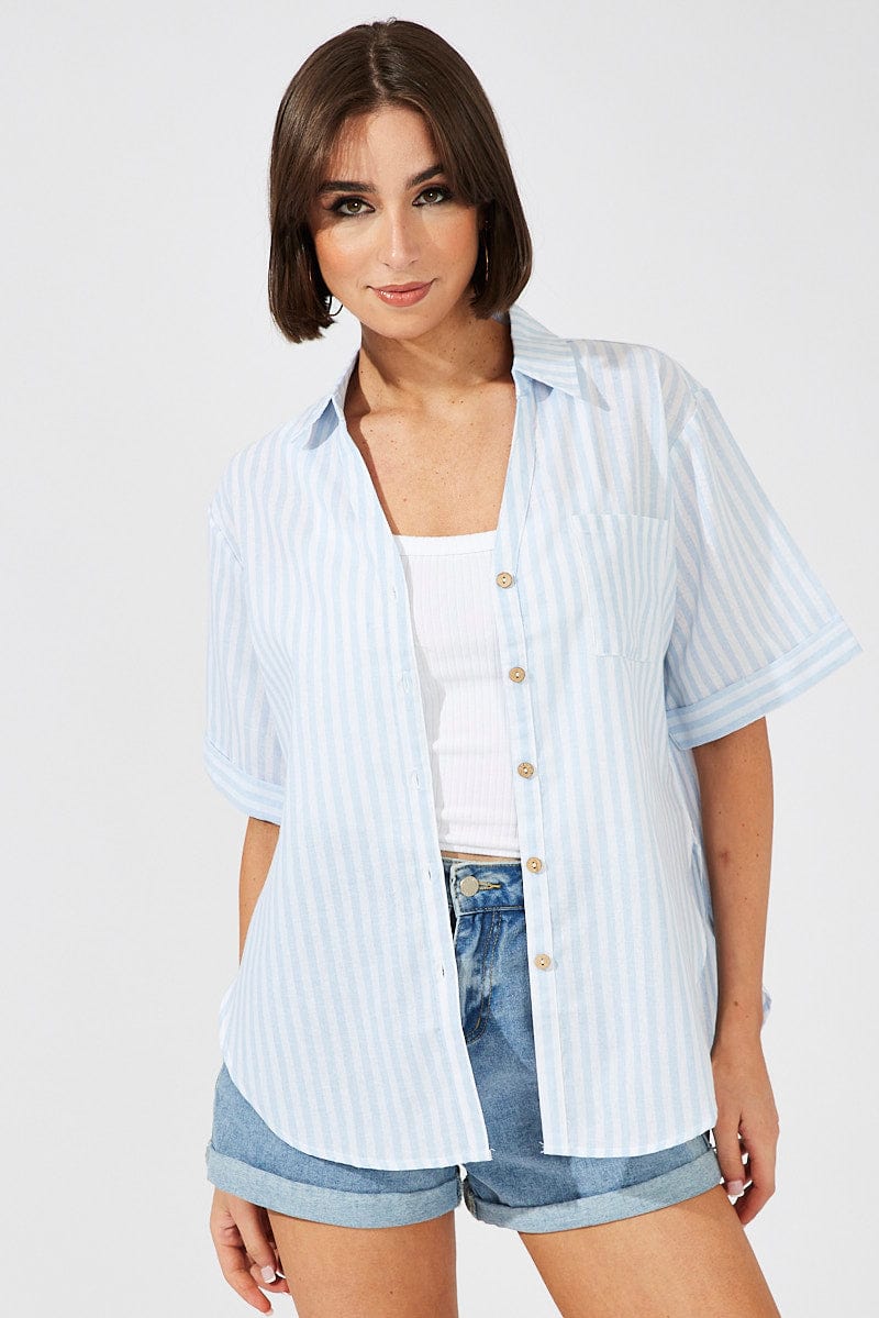 Blue Stripe Shirt Short Sleeve Collared Neck for Ally Fashion