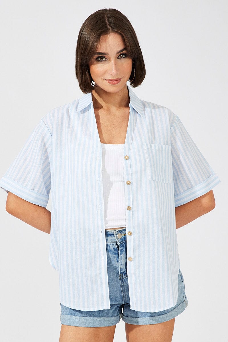 Blue Stripe Shirt Short Sleeve Collared Neck for Ally Fashion