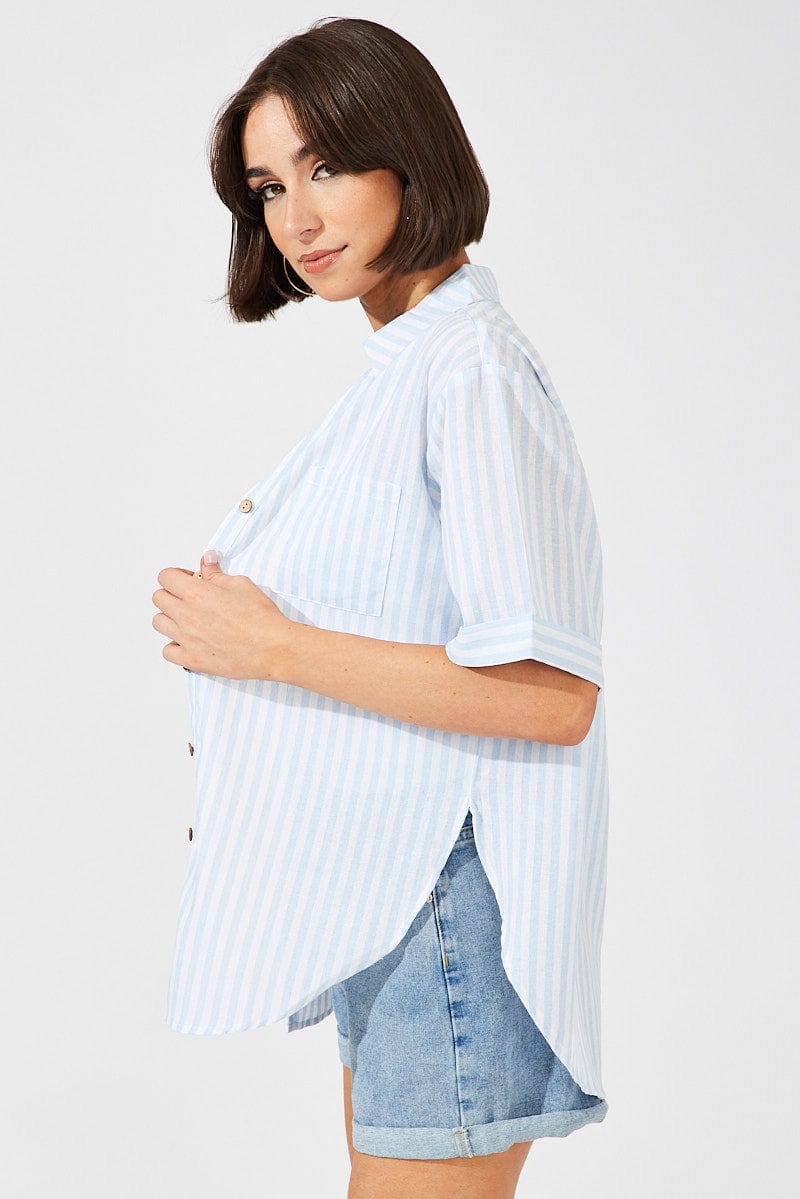 Blue Stripe Shirt Short Sleeve Collared Neck for Ally Fashion