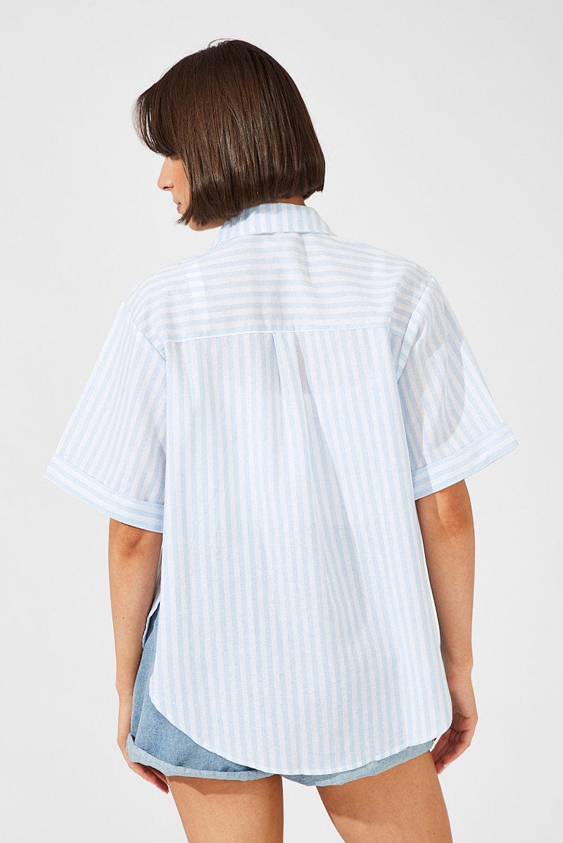 Blue Stripe Shirt Short Sleeve Collared Neck for Ally Fashion