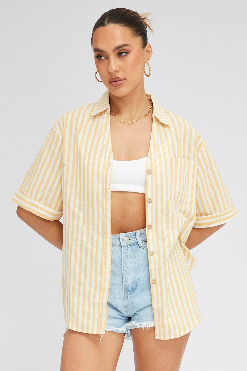 Yellow Stripe Shirt Short Sleeve Collared Neck for Ally Fashion