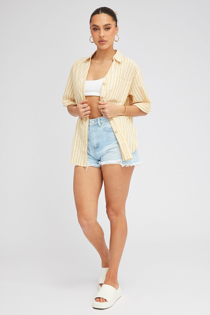 Yellow Stripe Shirt Short Sleeve Collared Neck for Ally Fashion