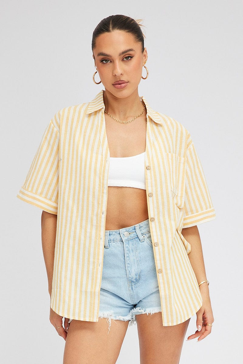 Yellow Stripe Shirt Short Sleeve Collared Neck for Ally Fashion