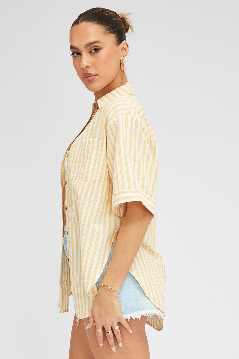 Yellow Stripe Shirt Short Sleeve Collared Neck for Ally Fashion