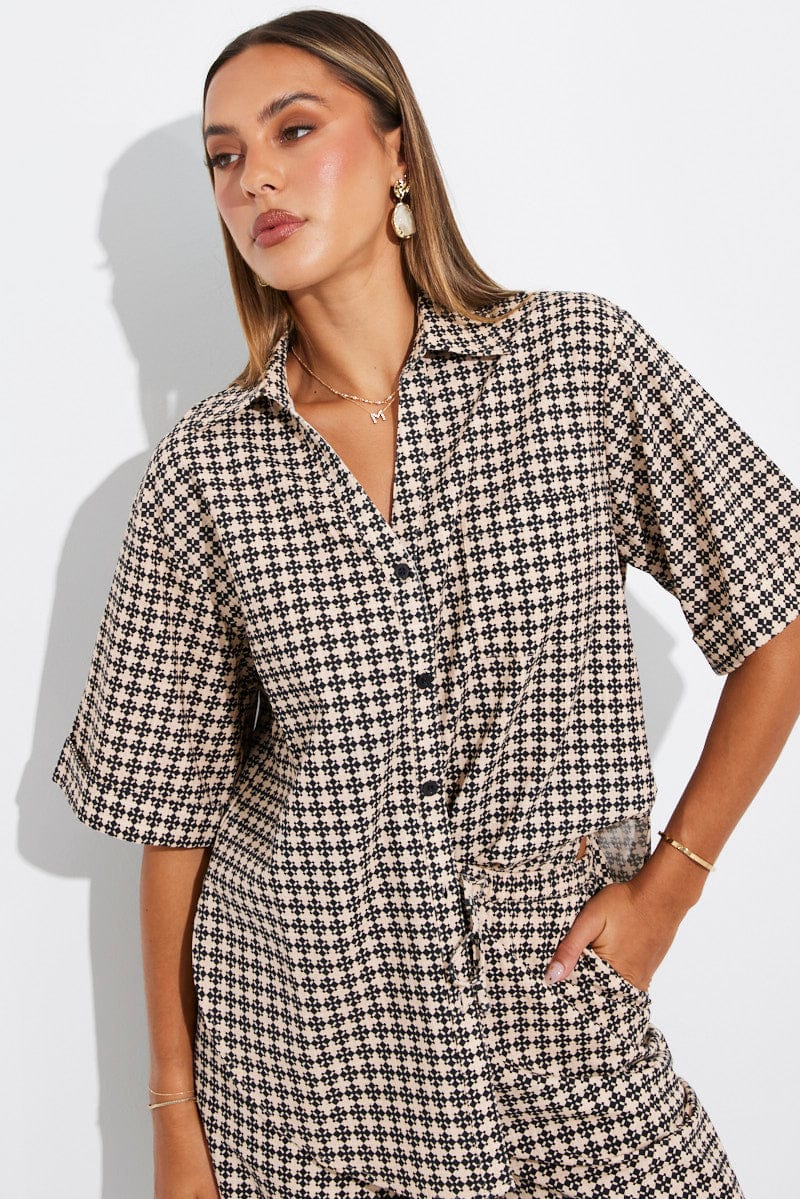 Brown Geo Shirt Short Sleeve Collared Neck for Ally Fashion