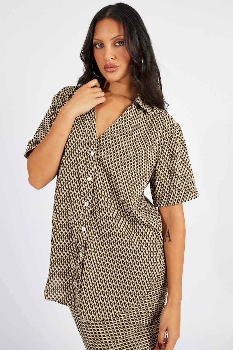 Brown Geo Shirt Short Sleeve for Ally Fashion