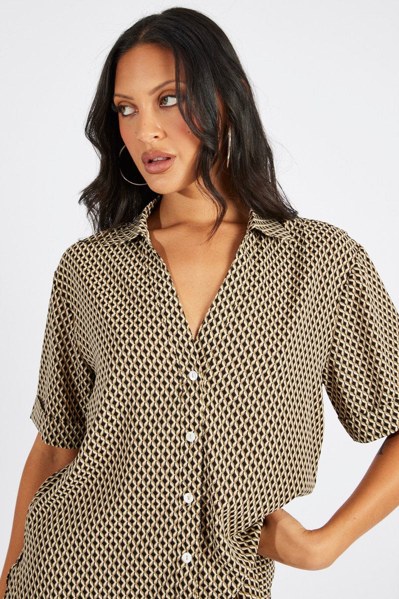 Brown Geo Shirt Short Sleeve for Ally Fashion