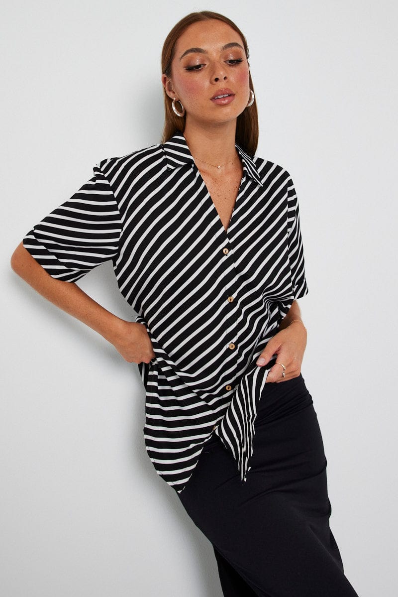 Black Stripe Shirt Short Sleeve for Ally Fashion