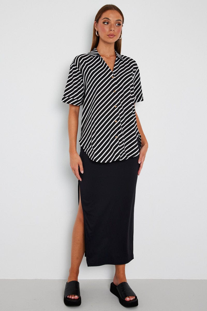 Black Stripe Shirt Short Sleeve for Ally Fashion