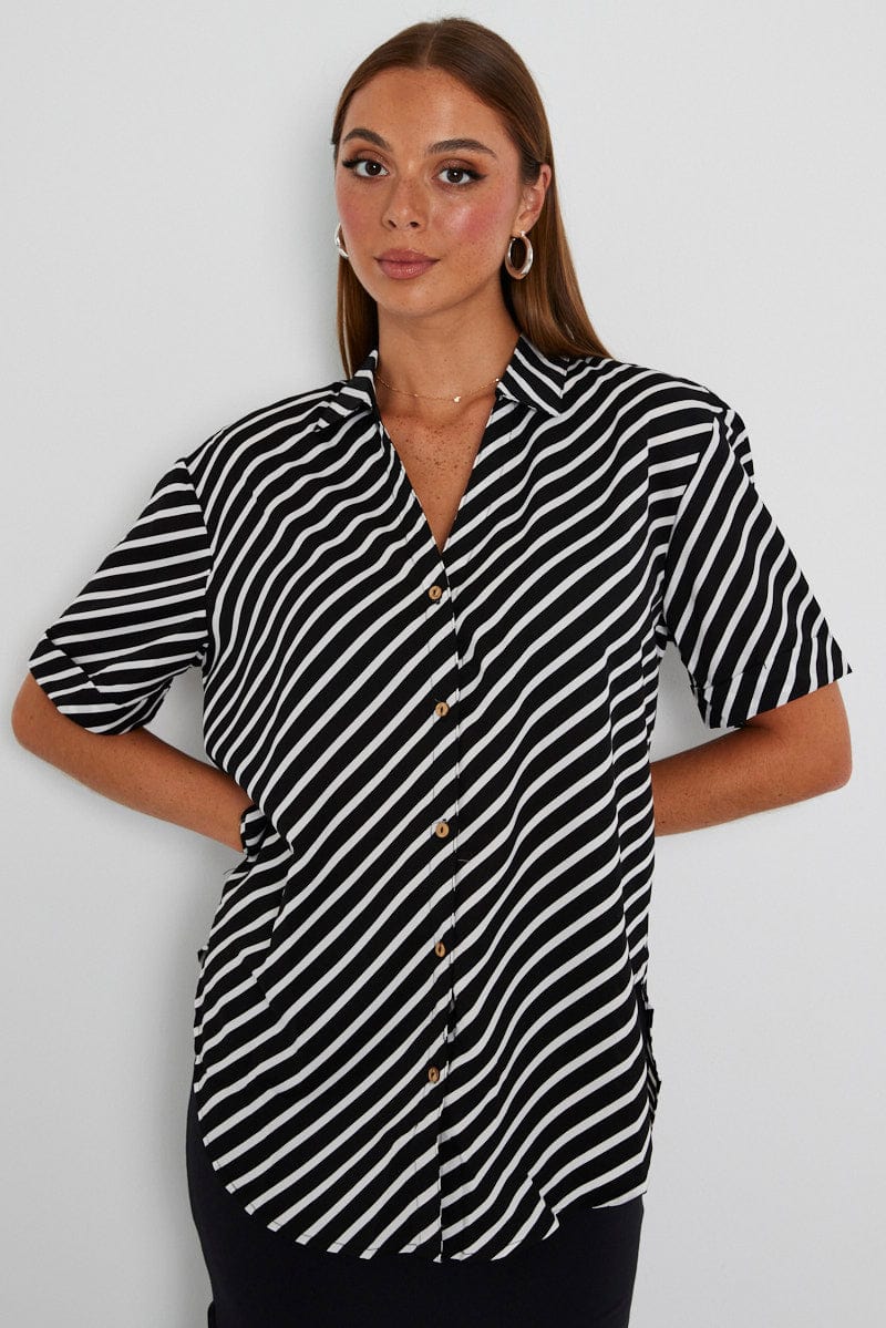 Black Stripe Shirt Short Sleeve for Ally Fashion