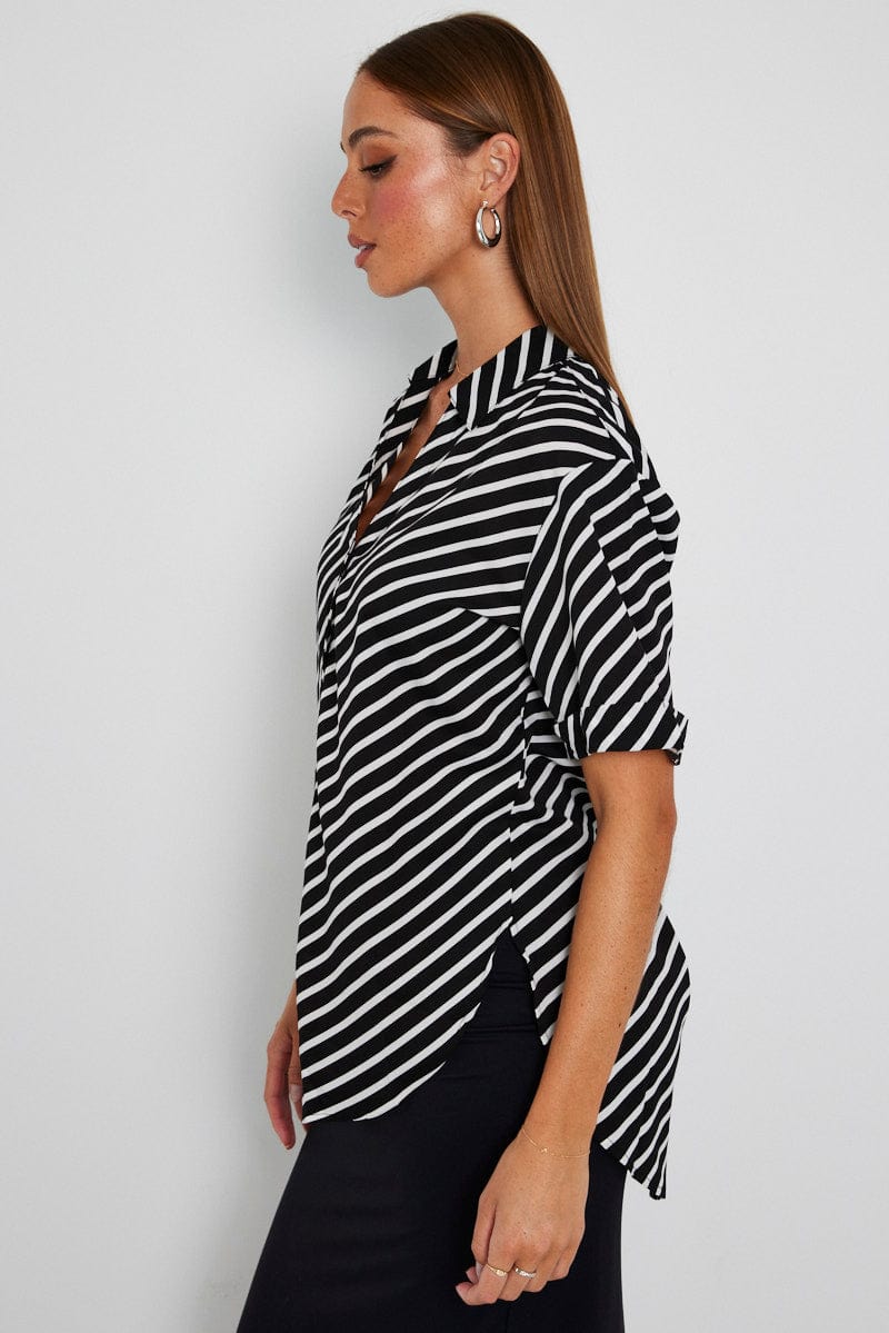 Black Stripe Shirt Short Sleeve for Ally Fashion