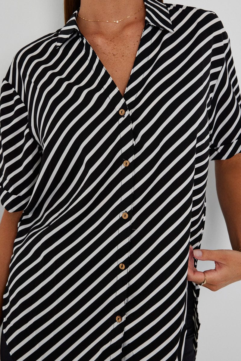 Black Stripe Shirt Short Sleeve for Ally Fashion