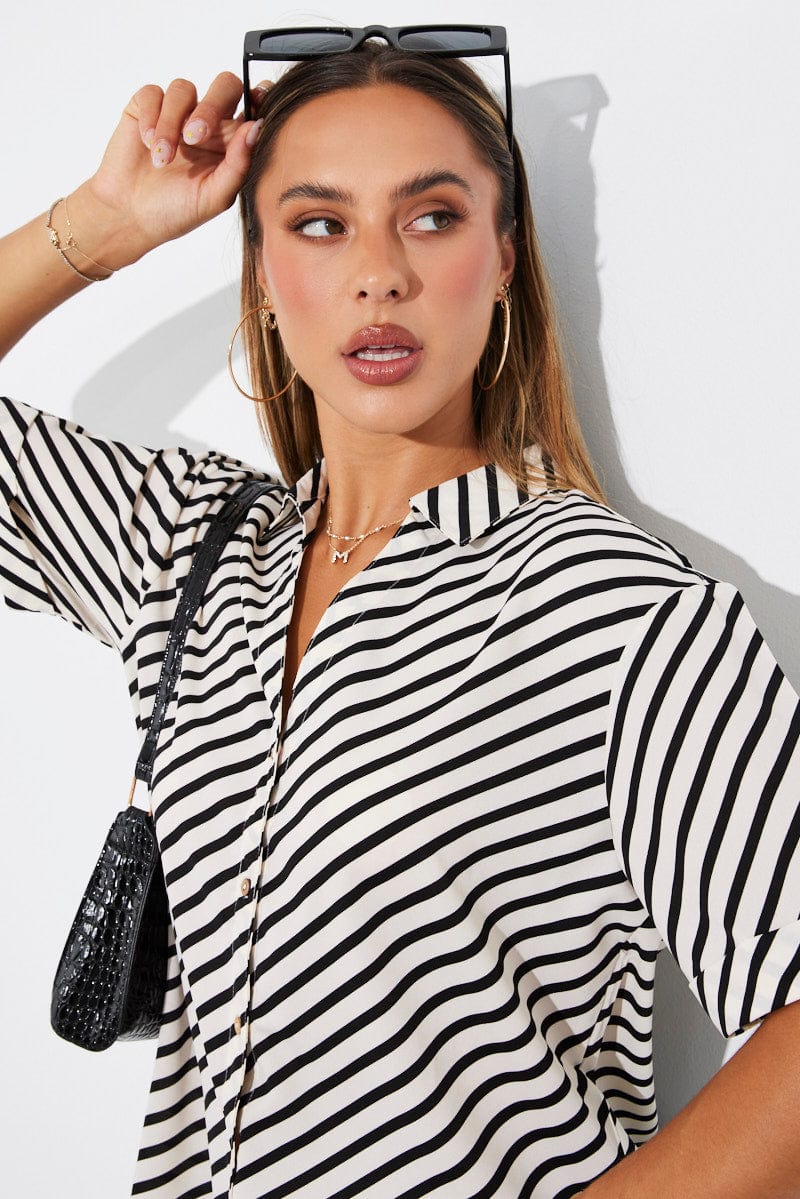 White Stripe Shirt Short Sleeve for Ally Fashion