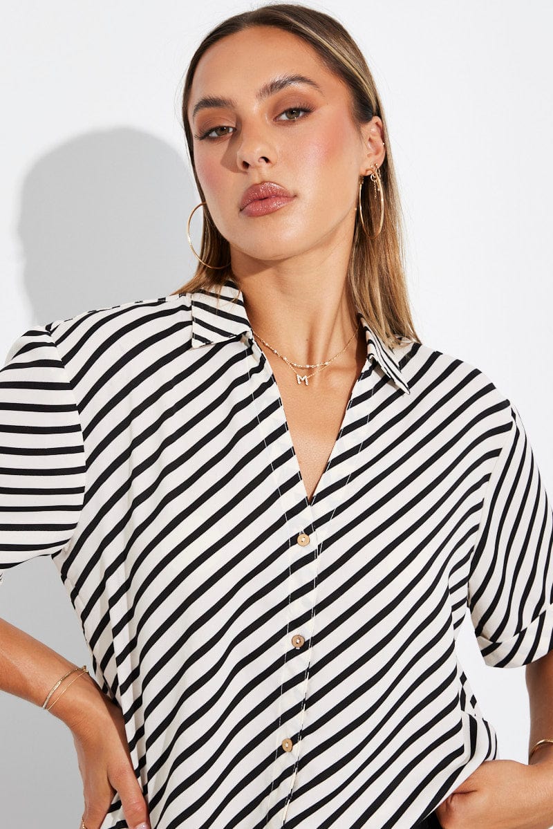 White Stripe Shirt Short Sleeve for Ally Fashion