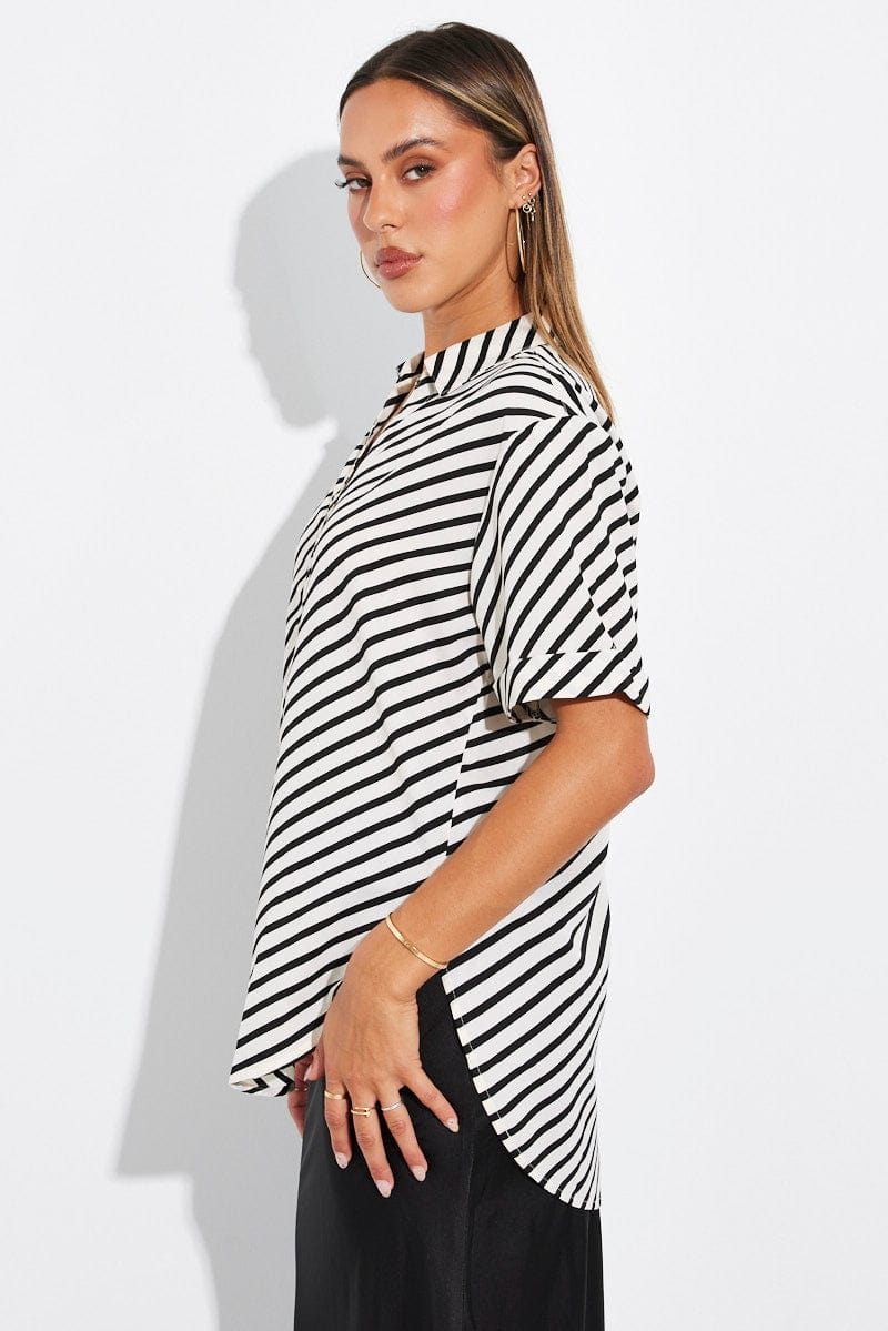 White Stripe Shirt Short Sleeve for Ally Fashion