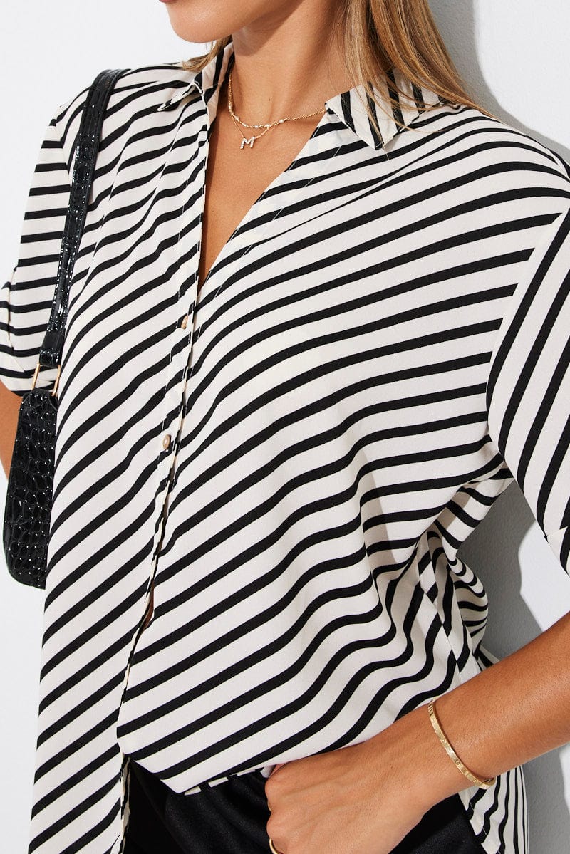 White Stripe Shirt Short Sleeve for Ally Fashion