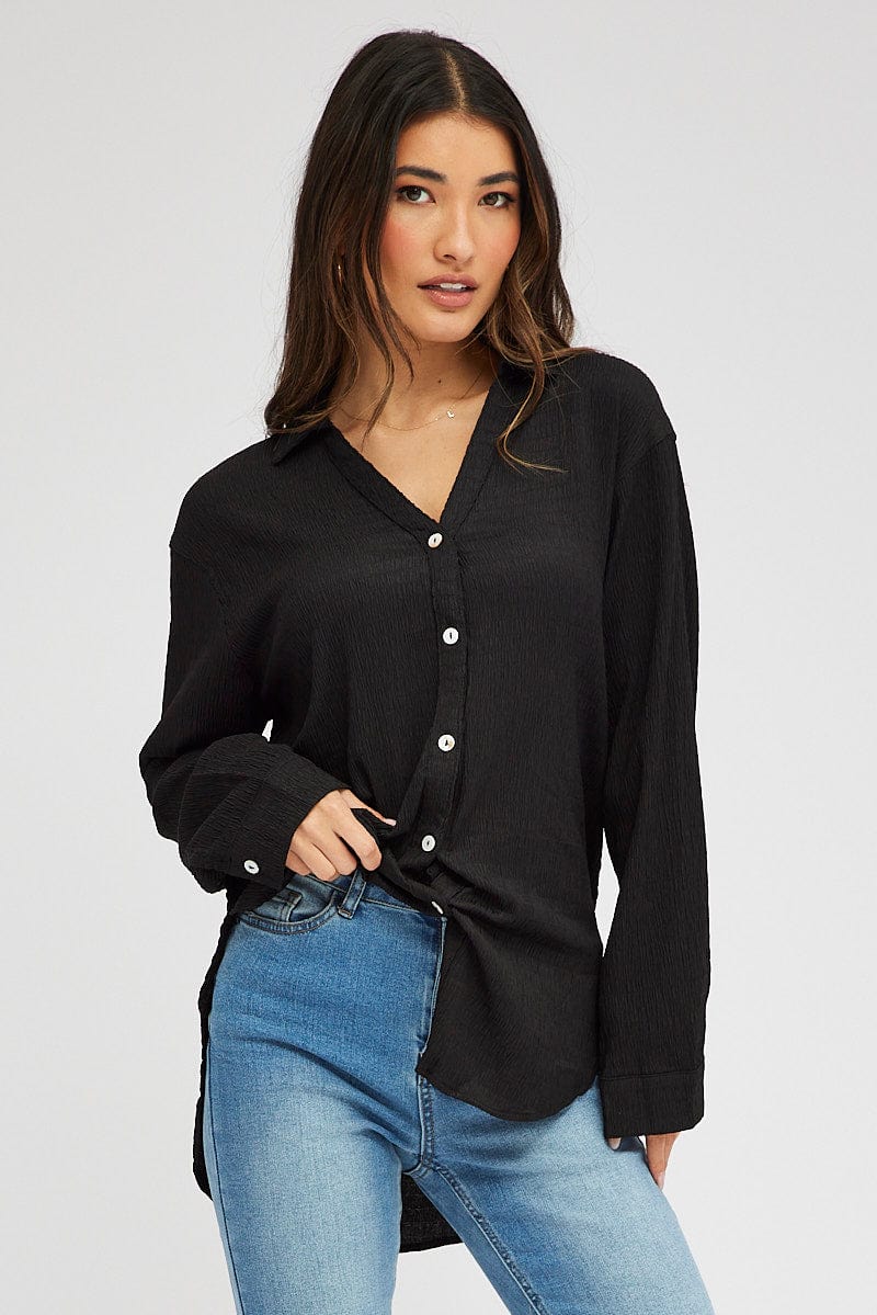 Black Textured Shirt Long Sleeve Collared Neck | Ally Fashion