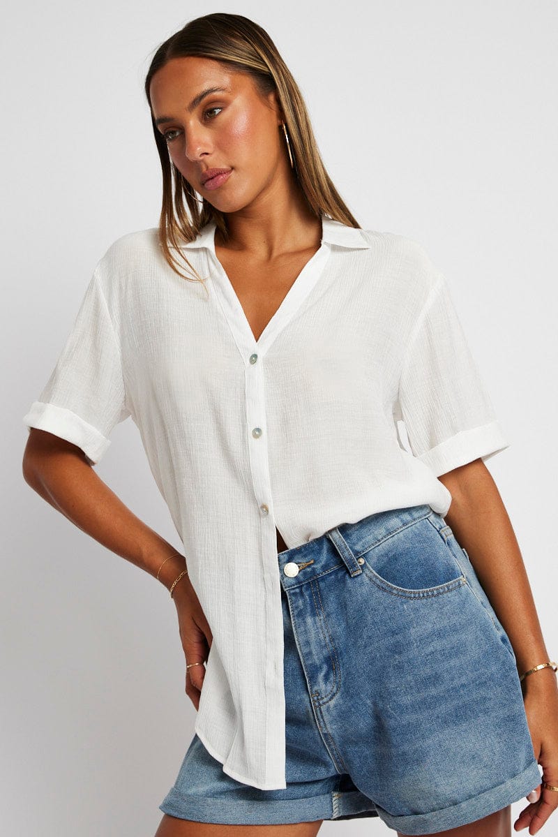 White Textured Shirt Short Sleeve for Ally Fashion