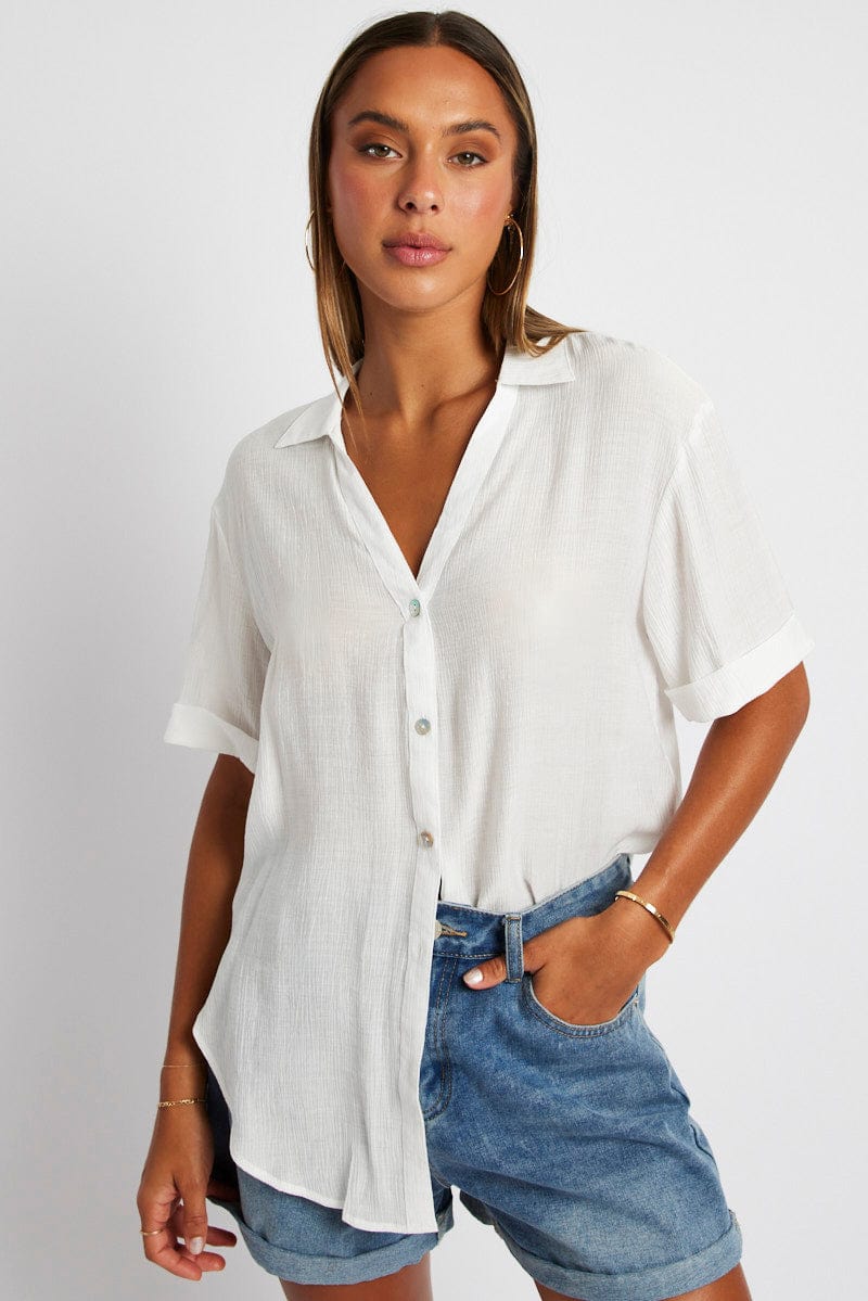 White Textured Shirt Short Sleeve for Ally Fashion