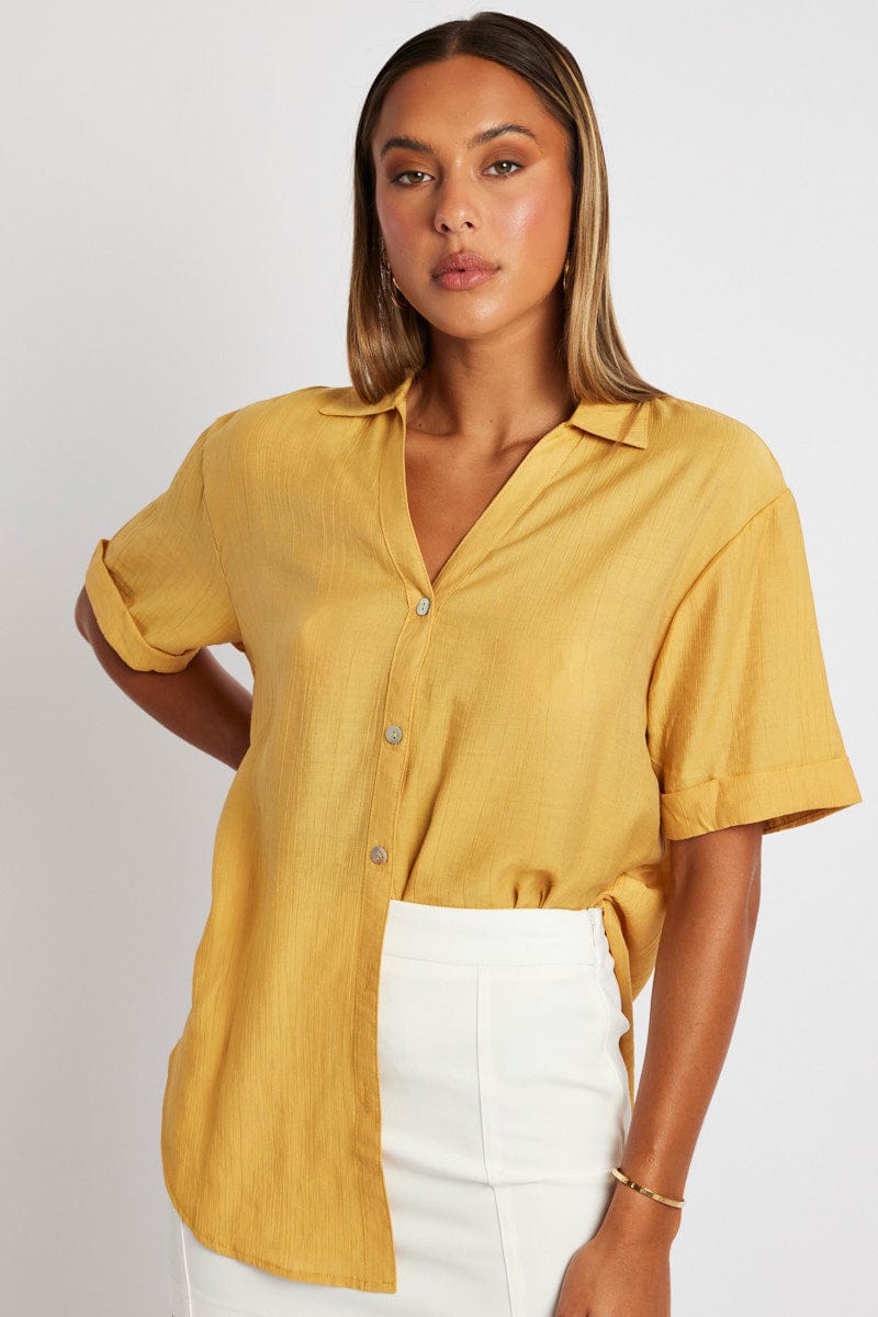 Yellow Textured Shirt Short Sleeve for Ally Fashion