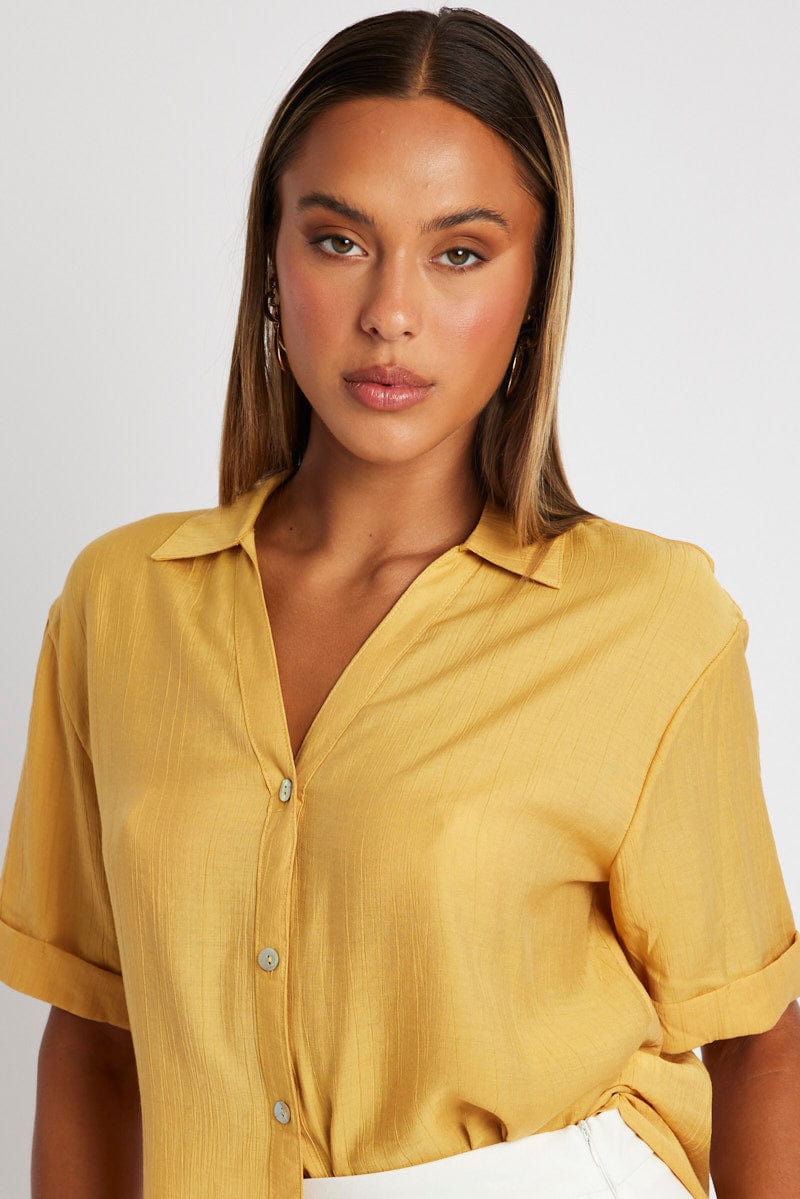 Yellow Textured Shirt Short Sleeve for Ally Fashion