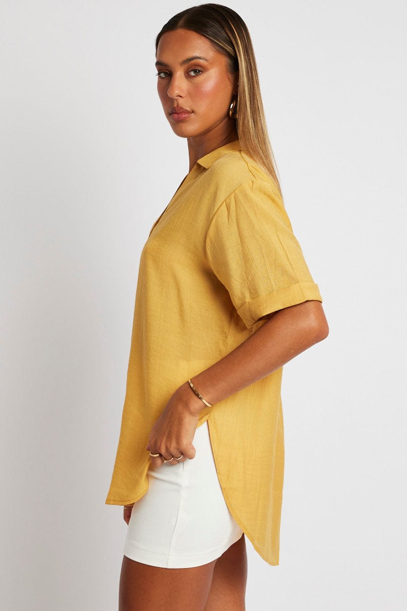 Yellow Textured Shirt Short Sleeve for Ally Fashion