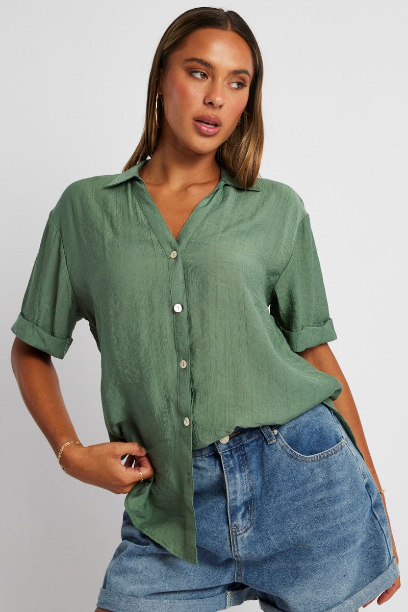 Green Textured Shirt Short Sleeve for Ally Fashion